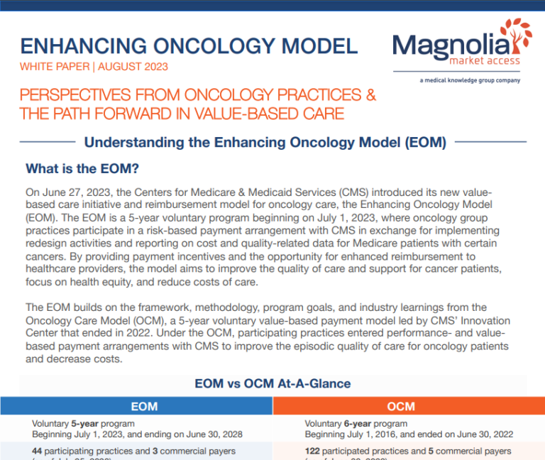 screenshot of Enhancing Oncology Model (EOM) White Paper: Perspectives from Oncology Practices and the Path Forward in Value-Based Care pdf